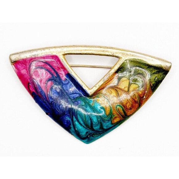 Vintage Enamel‎ Swirl Brooch Multicolor Gold Tone Triangular - Picture 1 of 2